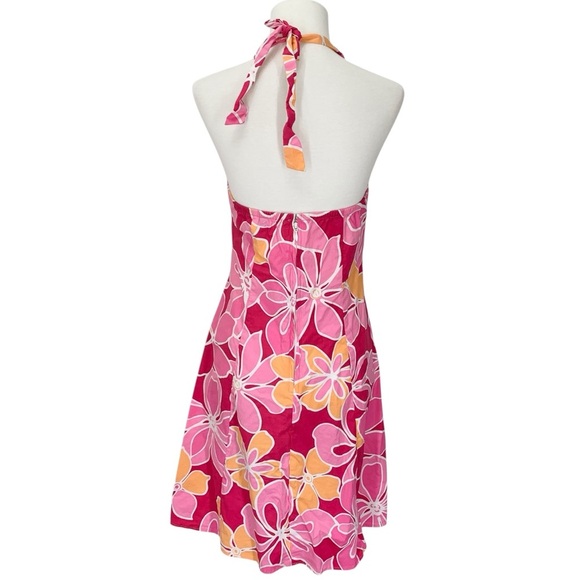 Vintage Y2K Halter Dress Womens Small Medium Pink Orange Hawaiian Floral Cotton - Picture 5 of 11